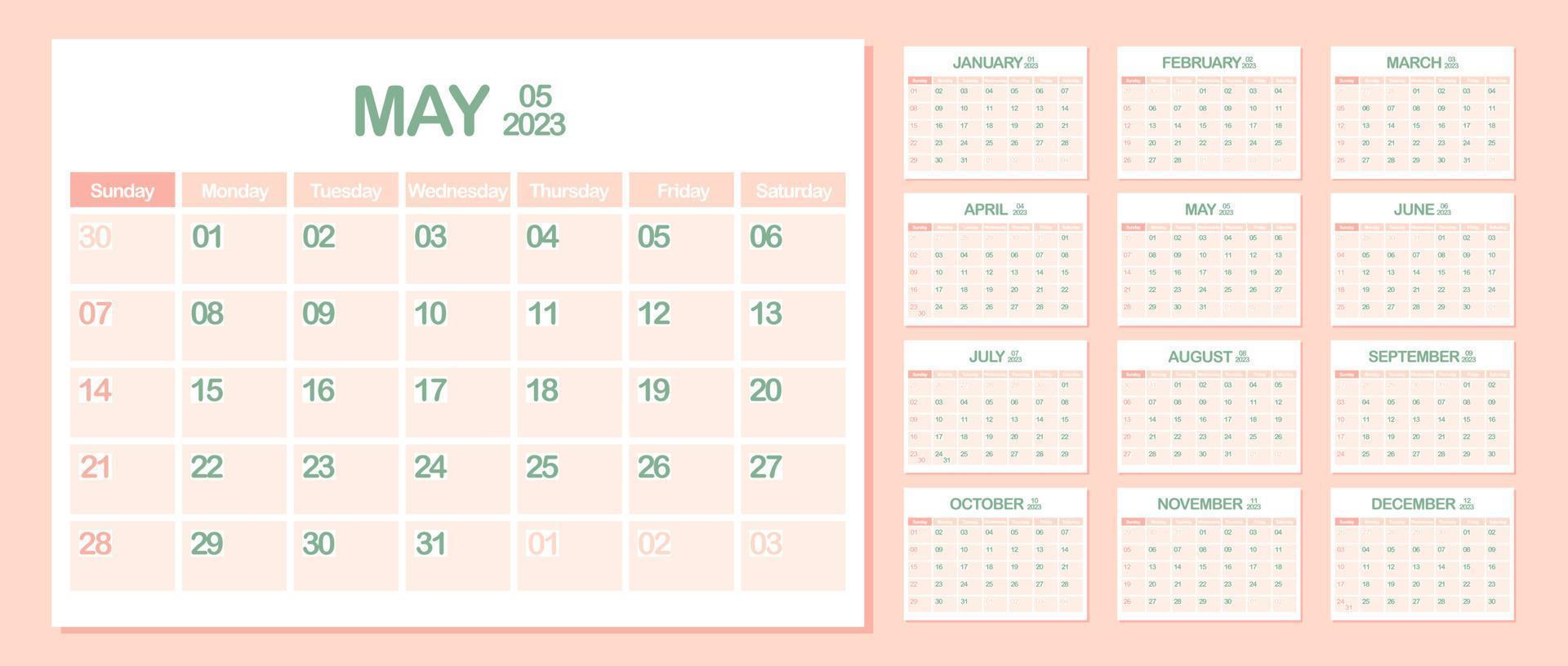 muur kalender 2023. kunnen. week begint Aan zondag. maandelijks kalender sjabloon. ontwerp zakelijke planner. landschap oriëntatie. kantoor bedrijf planning. pastel kleur. vector illustratie