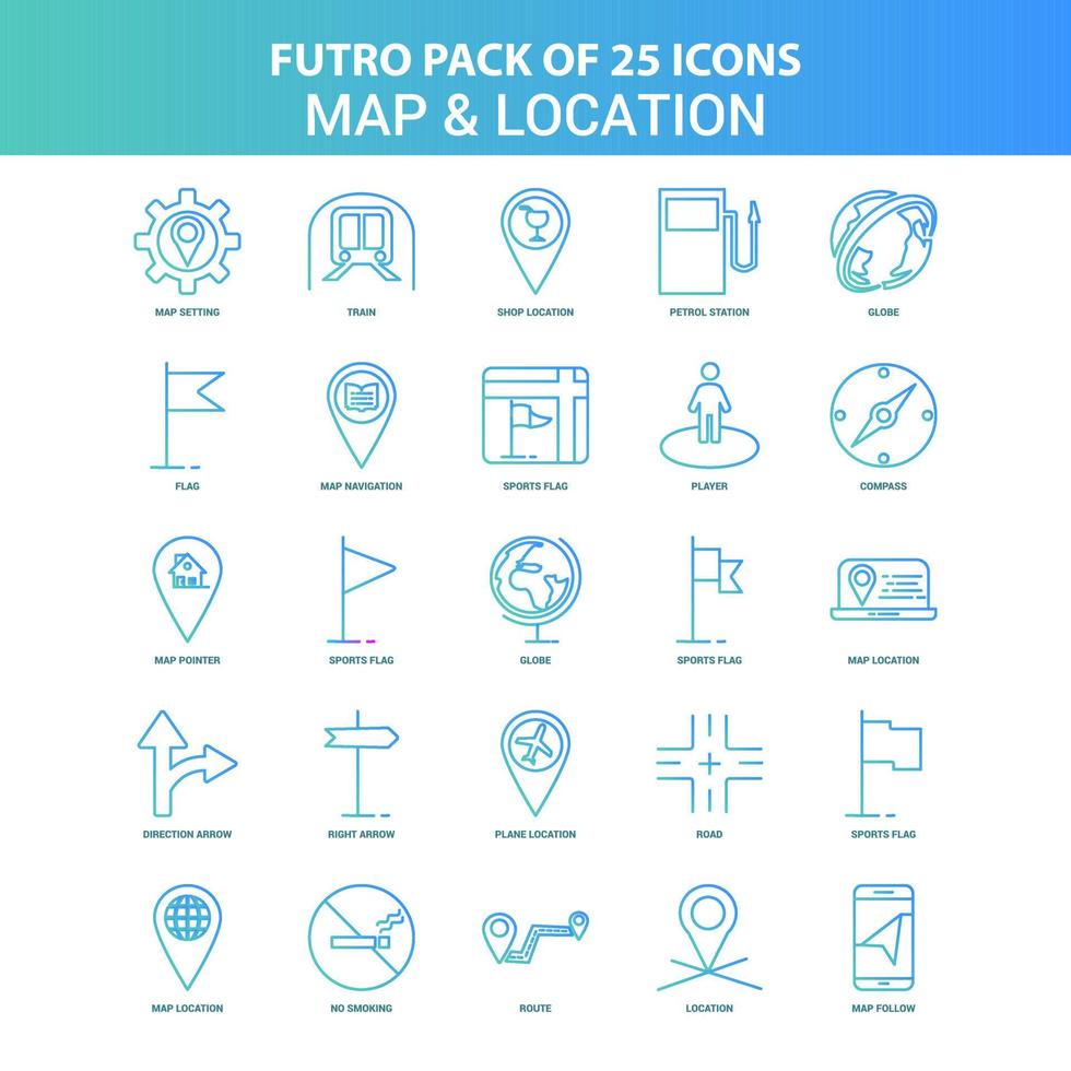 25 groen en blauw futuro kaart en plaats icoon pak vector