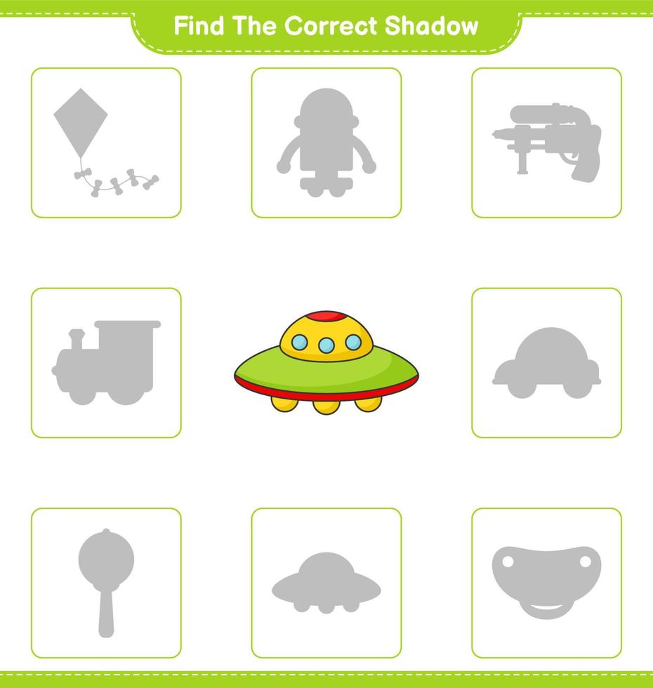 vind de correct schaduw. vind en bij elkaar passen de correct schaduw van ufo. leerzaam kinderen spel, afdrukbare werkblad, vector illustratie