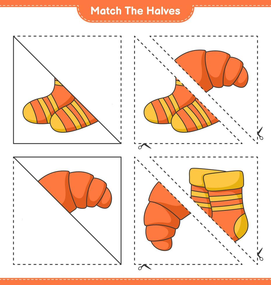 bij elkaar passen de helften. bij elkaar passen helften van sokken en croissant. leerzaam kinderen spel, afdrukbare werkblad, vector illustratie