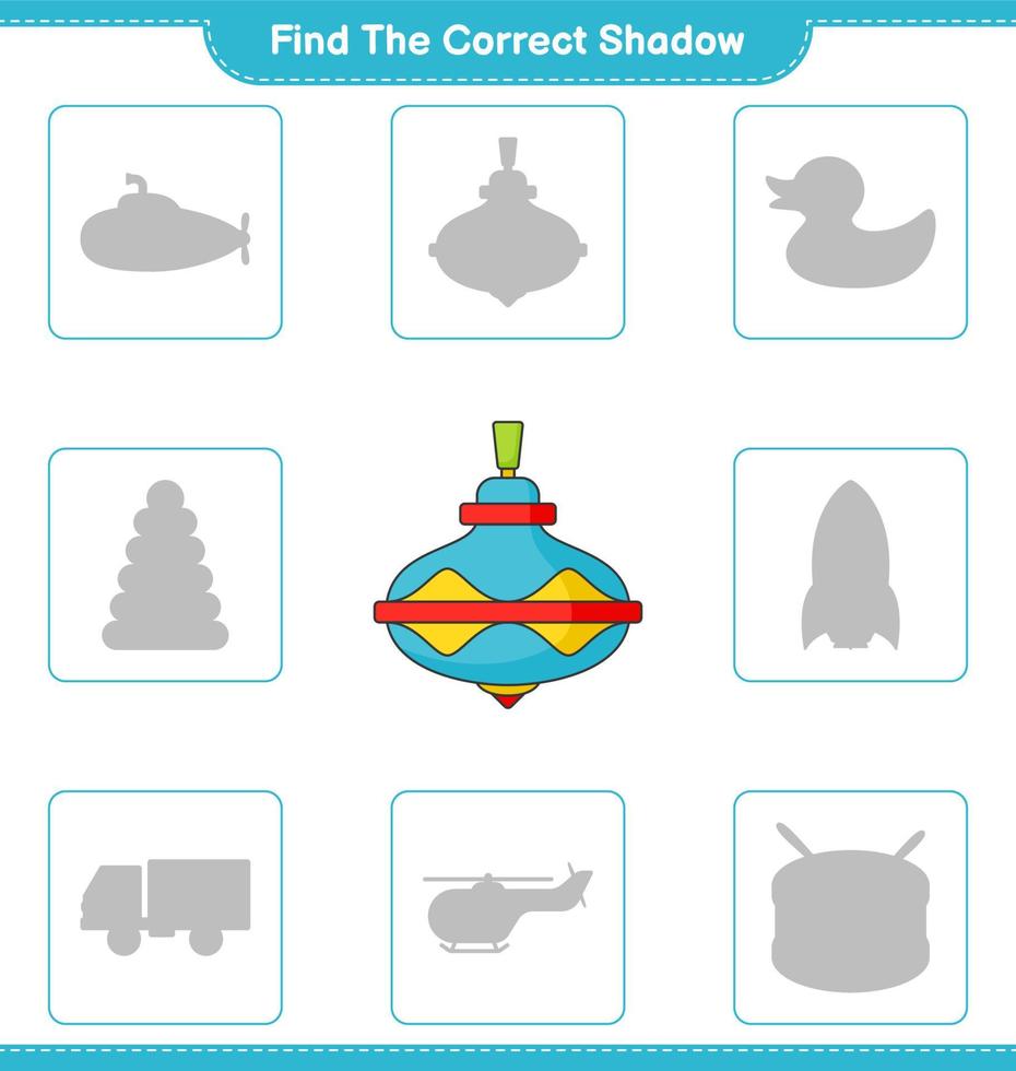 vind de correct schaduw. vind en bij elkaar passen de correct schaduw van draaimolen speelgoed. leerzaam kinderen spel, afdrukbare werkblad, vector illustratie