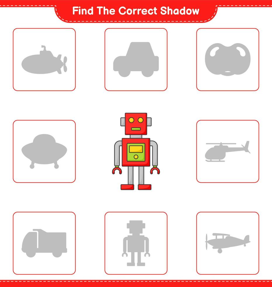 vind de correct schaduw. vind en bij elkaar passen de correct schaduw van robot karakter. leerzaam kinderen spel, afdrukbare werkblad, vector illustratie