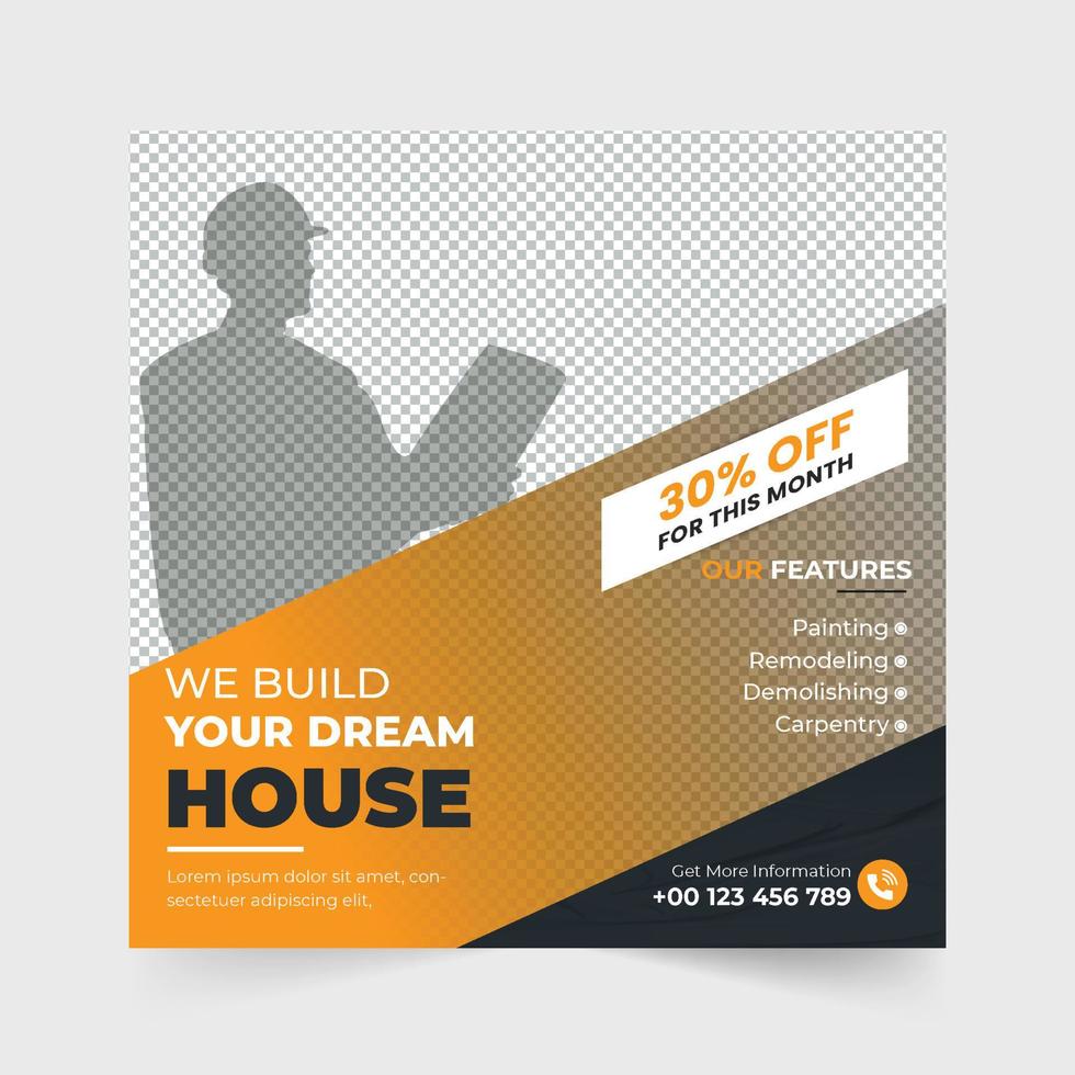 huis bouw en huis repareren bedrijf promotionele sjabloon vector. modern huis vernieuwing en huis bouw onderhoud sociaal media sjabloon ontwerp. behuizing bedrijf sjabloon vector. vector