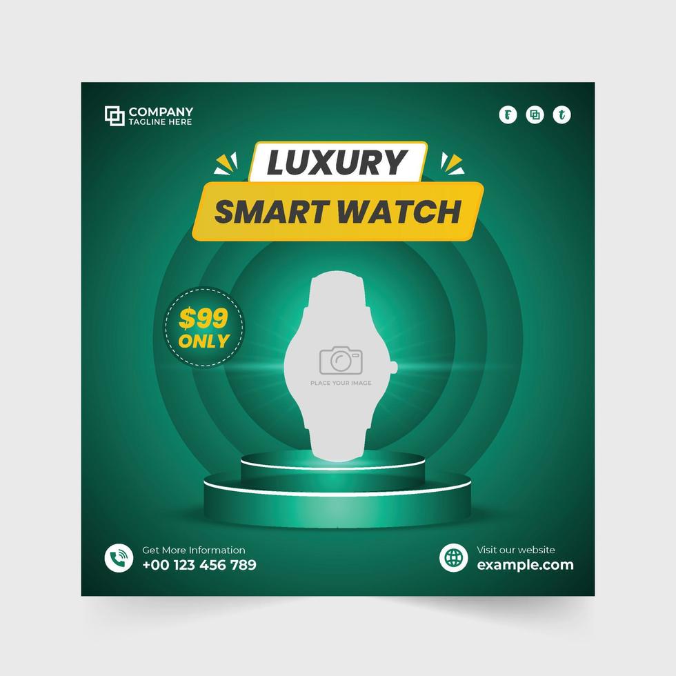 SmartWatch uitverkoop sociaal media post vector met blauw en groen achtergronden. polshorloge promotionele plein web banier ontwerp. kijk maar op te slaan advertentie sjabloon. apparaatje uitverkoop sjabloon voor marketing.