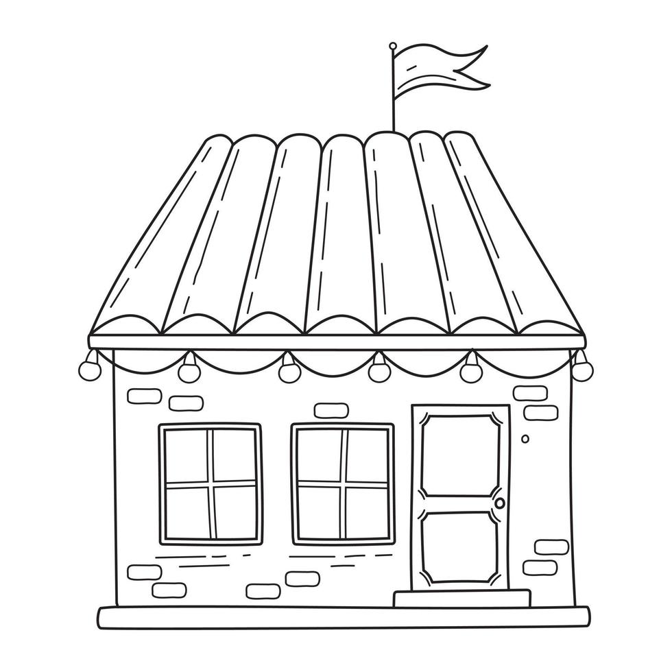 gemakkelijk huis met steen muur, slinger en vlag in schetsen tekening stijl vector