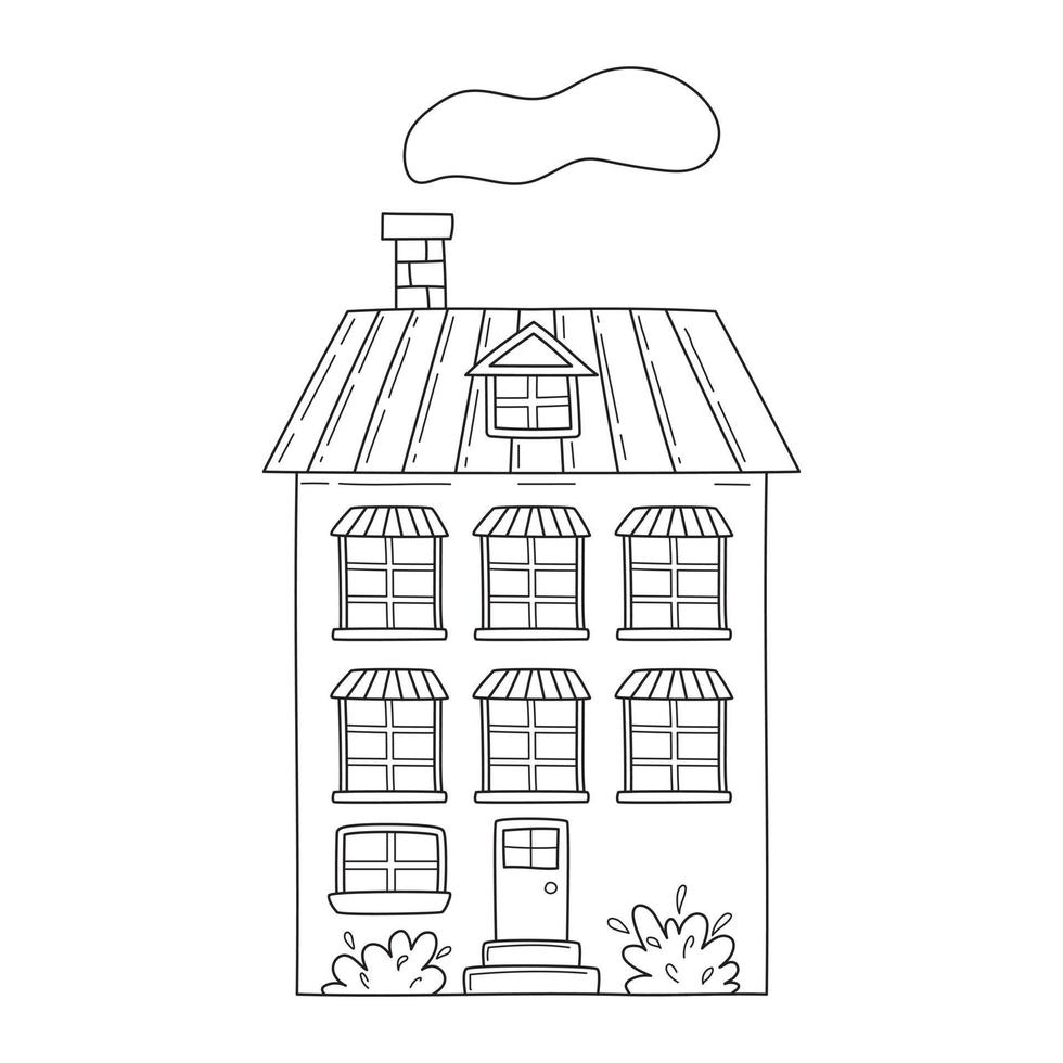 schattig gemakkelijk drie verdiepingen huis in schetsen tekening stijl. vector