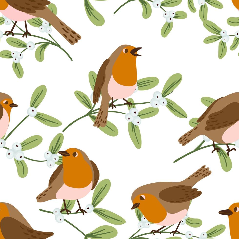 Robin vogelstand en maretak vector naadloos patroon. vogelstand en plannen winter, Kerstmis textuur.