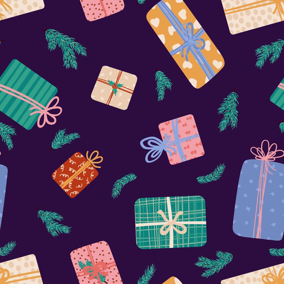 geschenk dozen met lint en bogen verschillend vormen en maten naadloos patroon. presenteert in feestelijk omhulsel papier voor Kerstmis vakantie of verjaardag. uitverkoop, boodschappen doen concept. vector structuur
