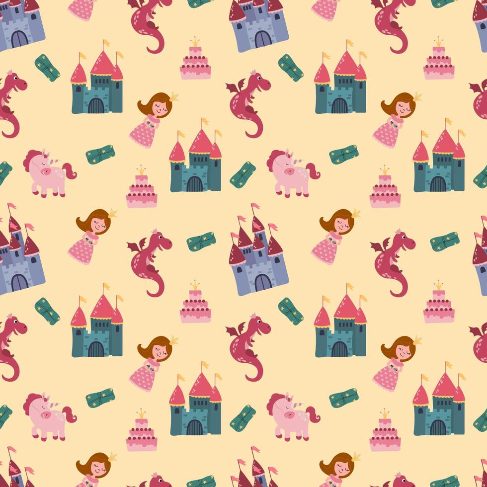 naadloos patroon met prinses, kasteel, draak en eenhoorn. ontwerp voor kleding stof, textiel, behang, verpakking. vector