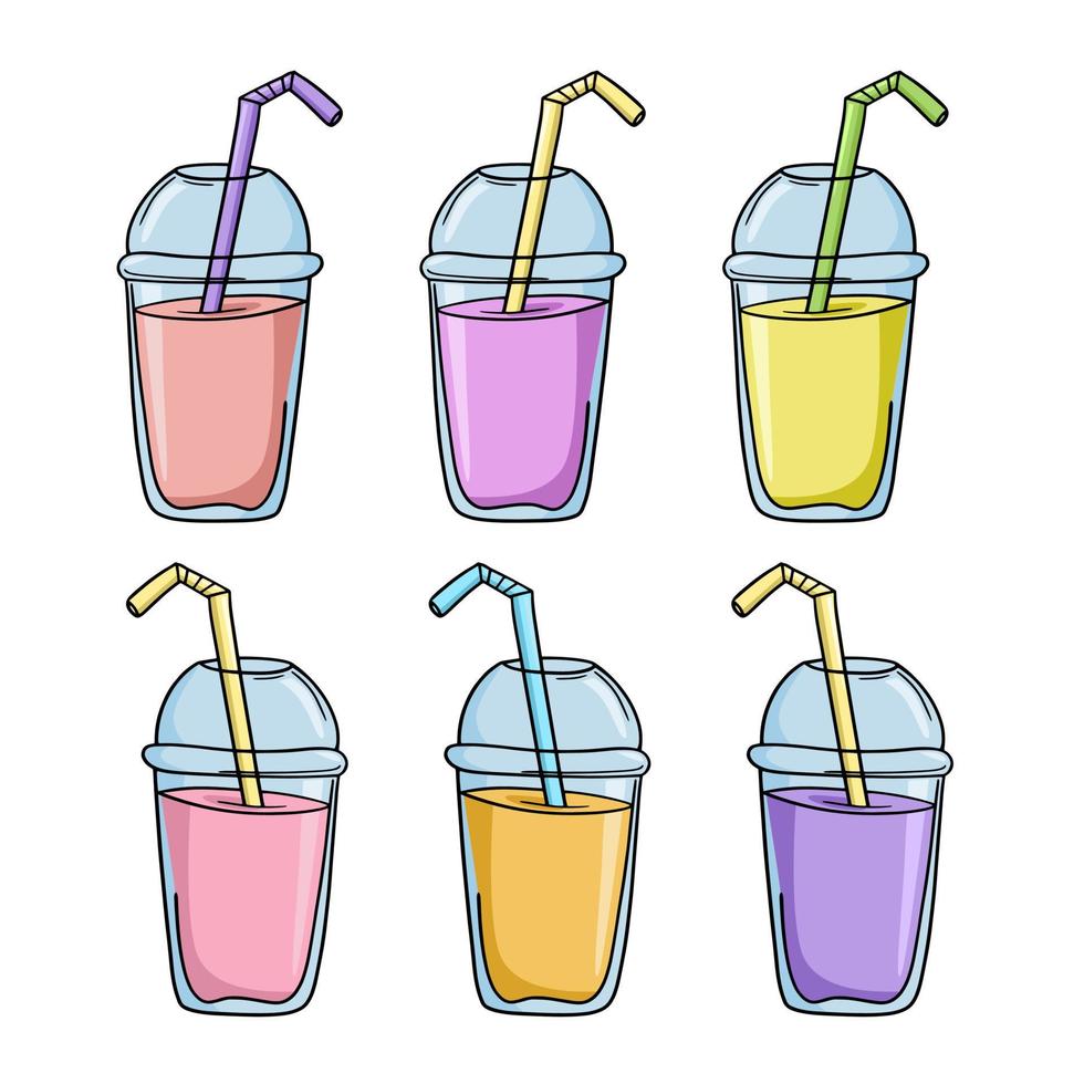 een reeks van gekleurde pictogrammen, een fruit milkshake met een drinken buis in een plastic beker, een vector illustratie in tekenfilm stijl Aan een wit achtergrond