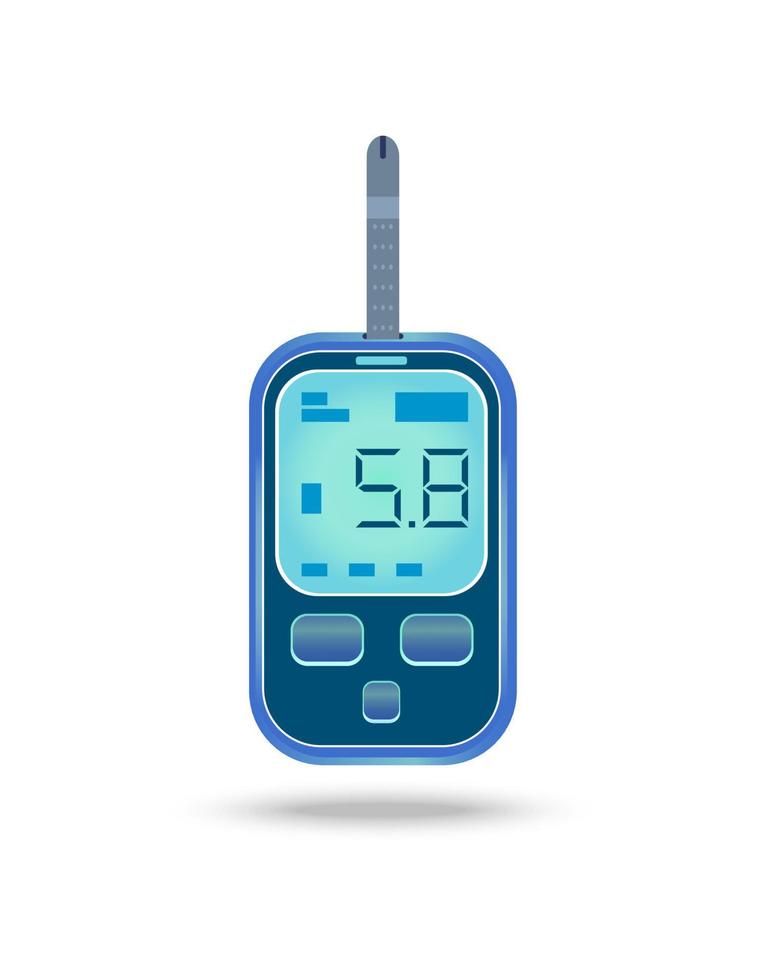 glucose meter met een test strip voor analyse. apparaat voor zelf toezicht houden van glucose niveau in bloed, tonen 5.8 resultaat in de scherm. gezond gewoonte symbool. geïsoleerd tekenfilm voorwerp voor prints vector