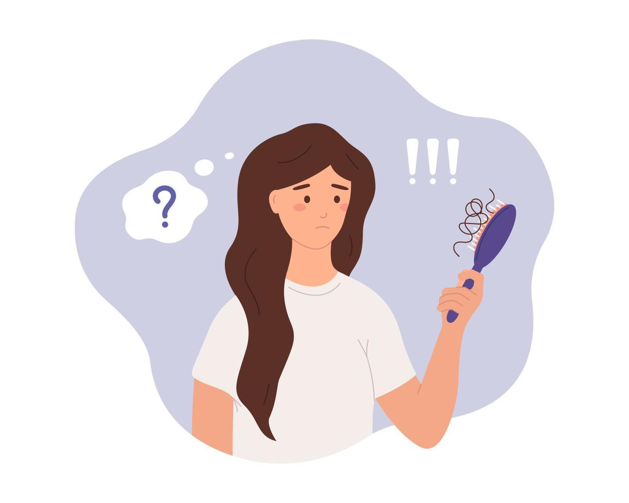 de concept van haar- verlies, alopecia Bij jong leeftijd, kaalheid. verdrietig vrouw met kam in haar hand. vector vlak illustratie