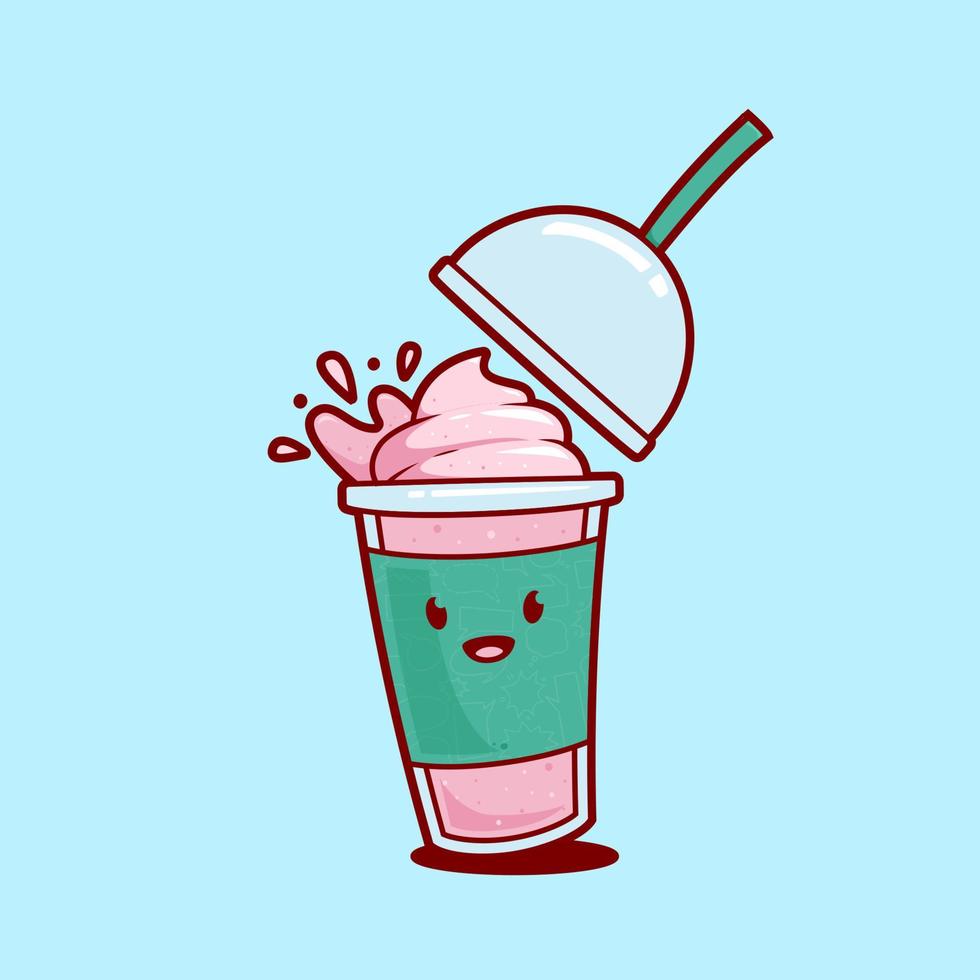 vallend met plons uit aardbei smoothies milkshake sap met ijs room topping illustratie vector tekenfilm karakter