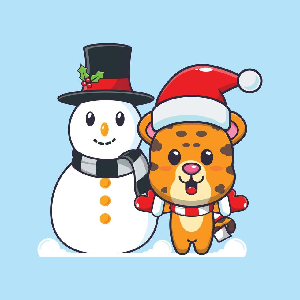 schattig luipaard spelen met sneeuwman. schattig Kerstmis tekenfilm illustratie. vector