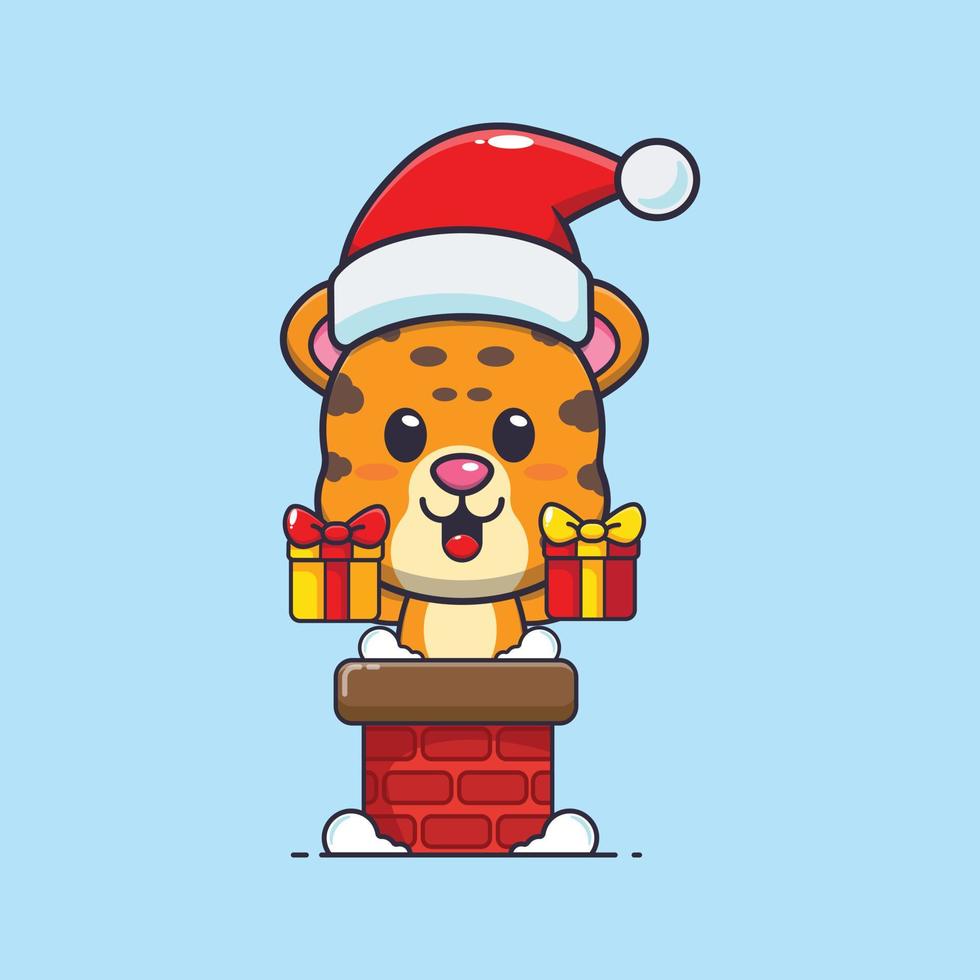 schattig luipaard met de kerstman hoed in de schoorsteen. schattig Kerstmis tekenfilm illustratie. vector