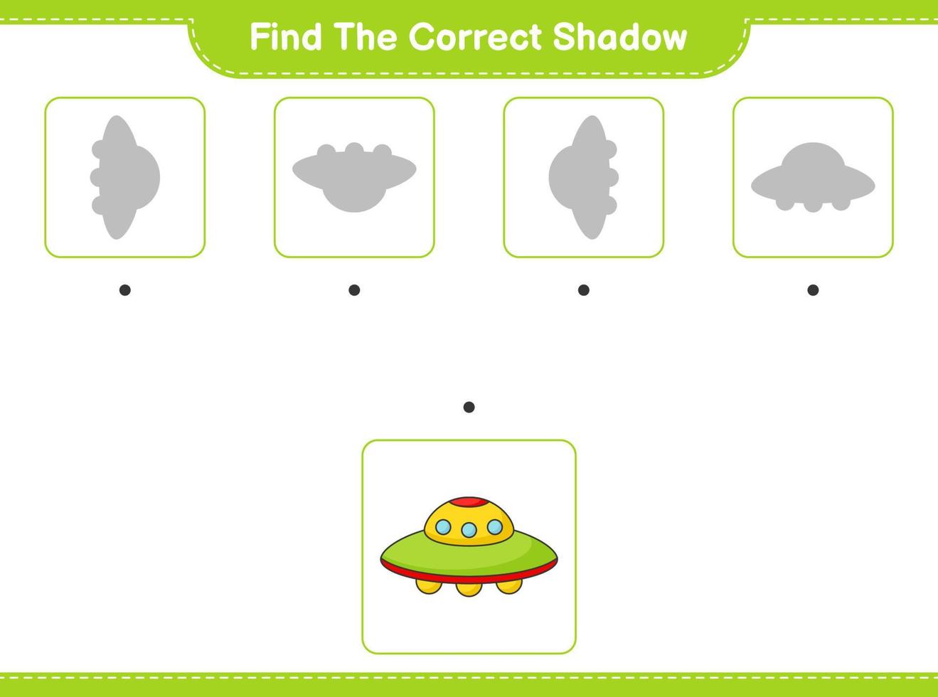vind de correct schaduw. vind en bij elkaar passen de correct schaduw van ufo. leerzaam kinderen spel, afdrukbare werkblad, vector illustratie