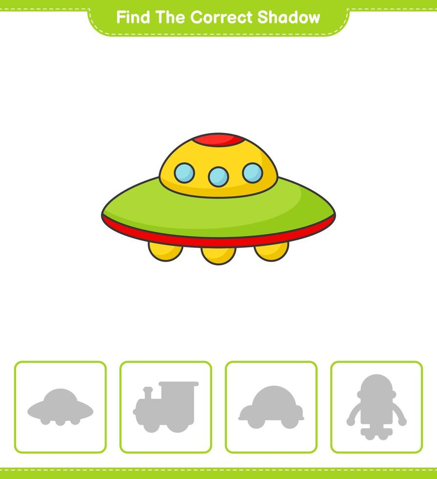 vind de correct schaduw. vind en bij elkaar passen de correct schaduw van ufo. leerzaam kinderen spel, afdrukbare werkblad, vector illustratie