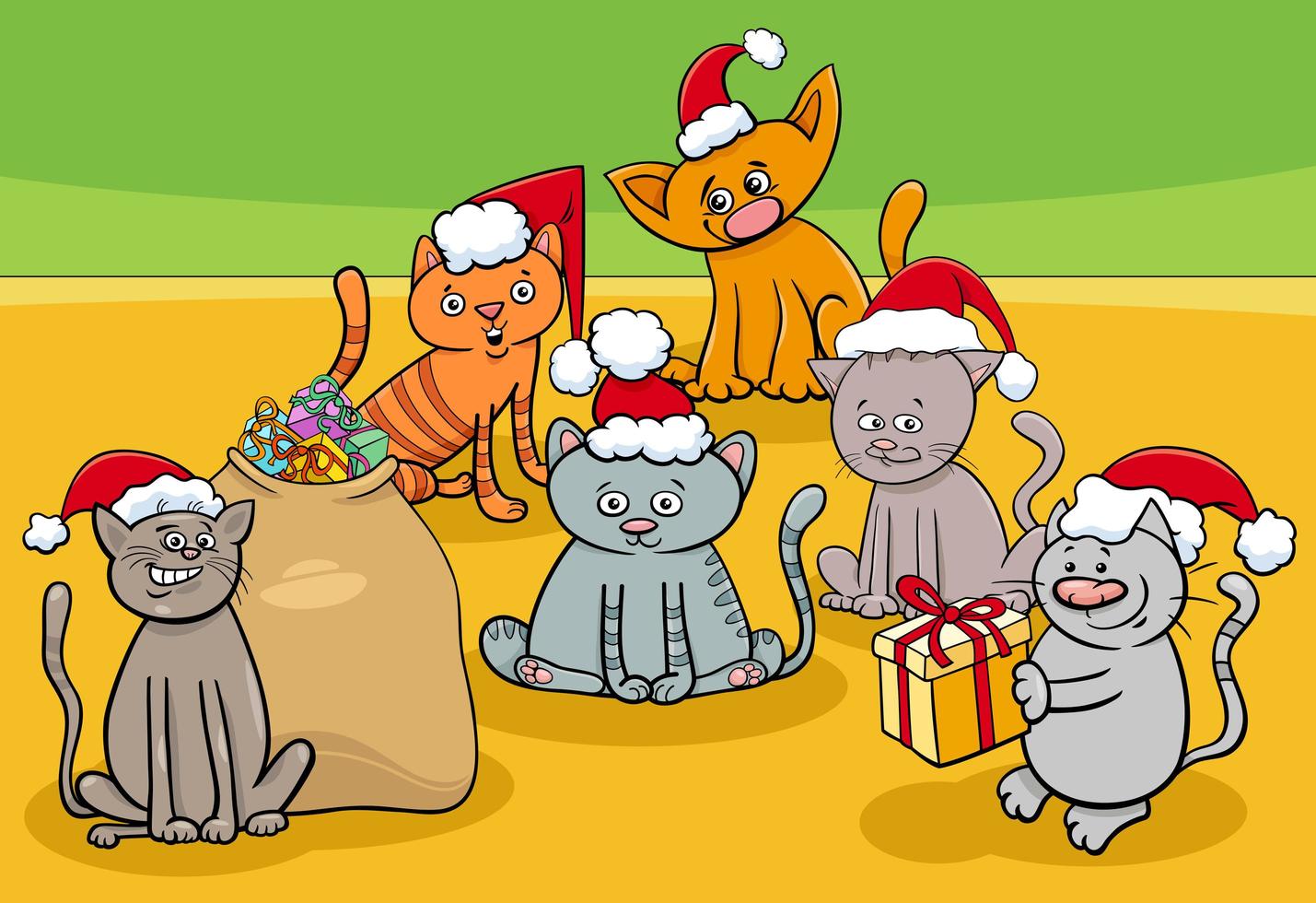 kittens stripfiguren groeperen op kersttijd vector