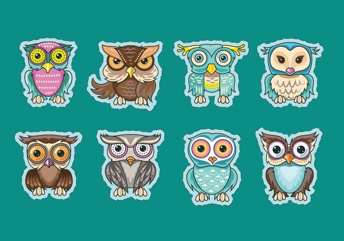 Set van Cute Owls of Buhos Sticker Vectoren