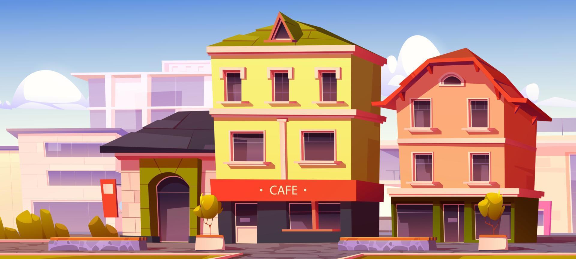 Europese stad straat met cafe en winkel gebouwen vector