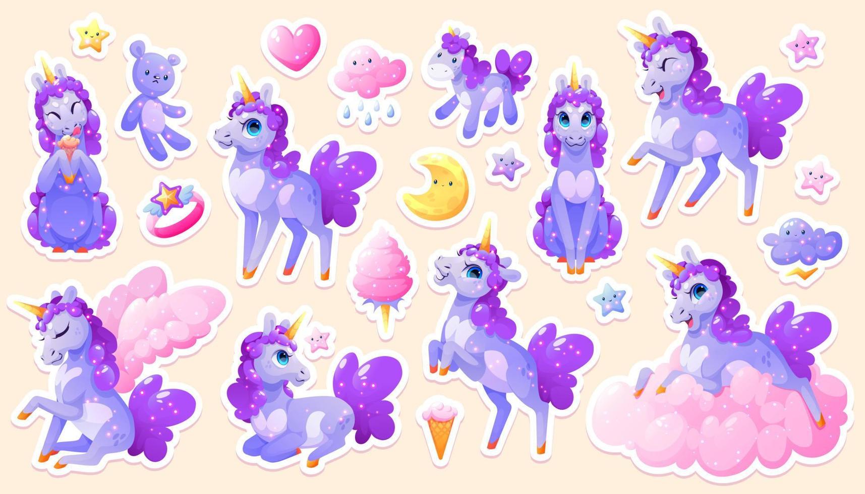 sticker pak met magie eenhoorn, schattig tekenfilm pony vector