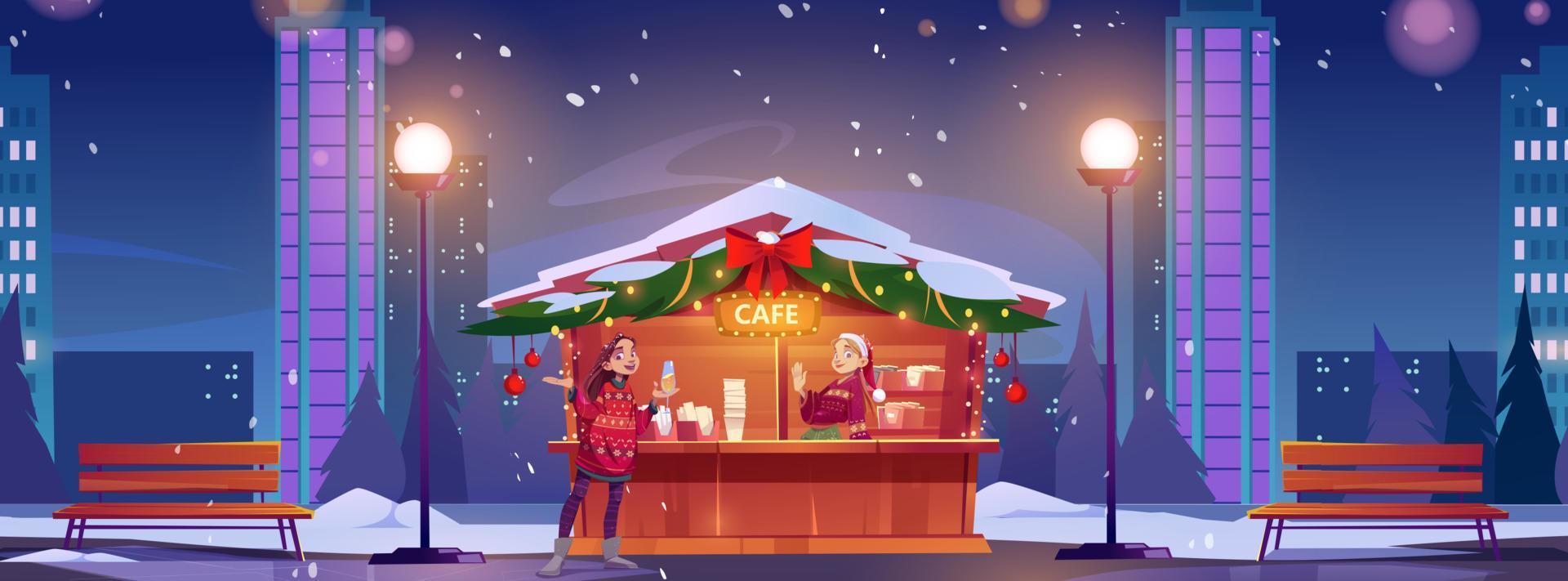 straat cafe met Kerstmis decoratie en meisjes vector