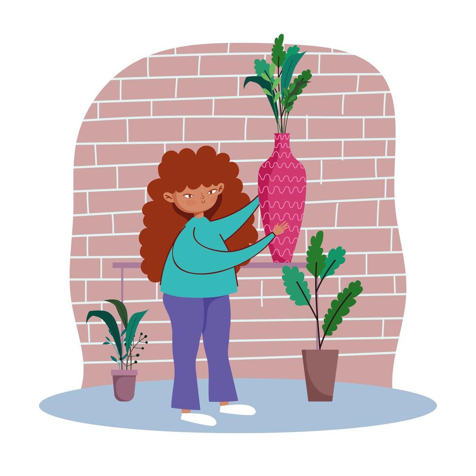 jonge vrouw met planten binnenshuis vector