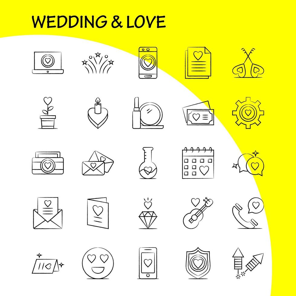 bruiloft en liefde hand- getrokken pictogrammen reeks voor infographics mobiel uxui uitrusting en afdrukken ontwerp omvatten laptop liefde hart bruiloft kaart liefde hart bruiloft icoon reeks vector
