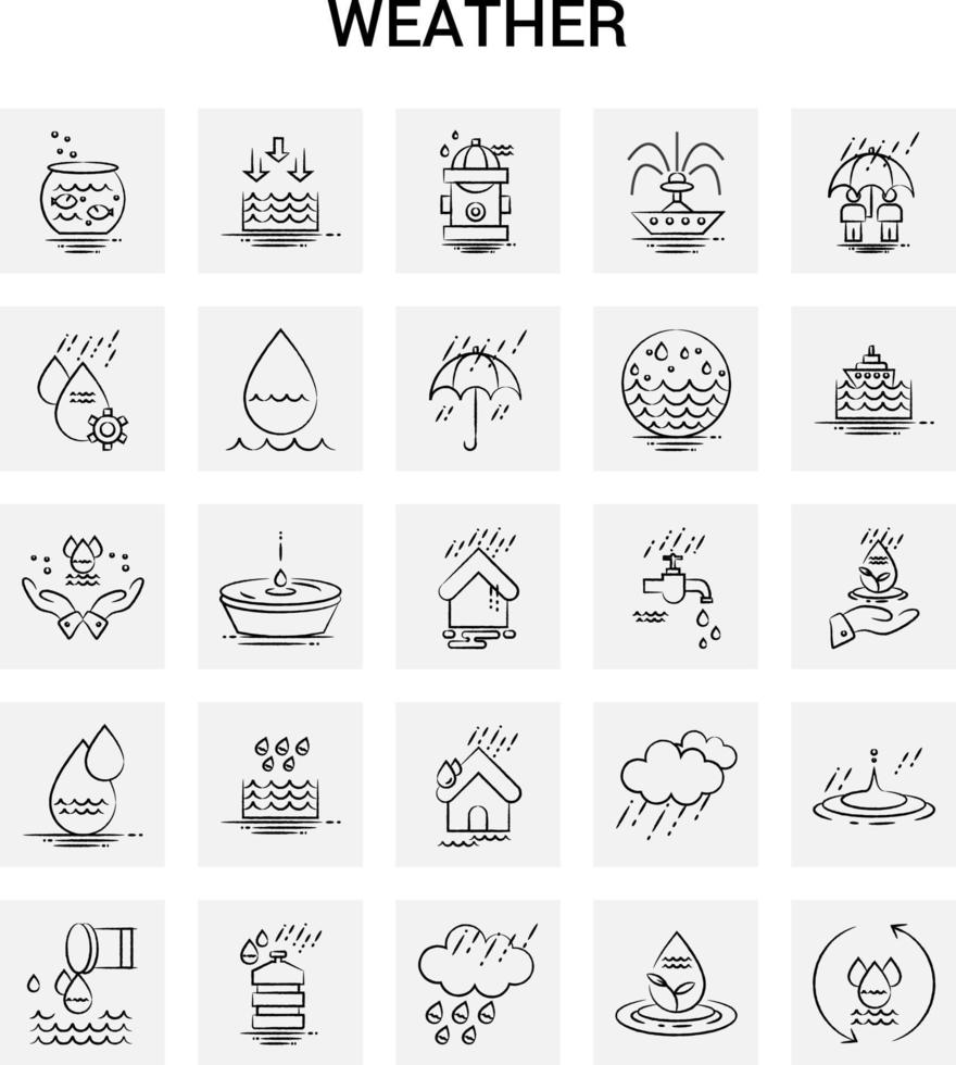 25 hand- getrokken weer icoon reeks grijs achtergrond vector tekening