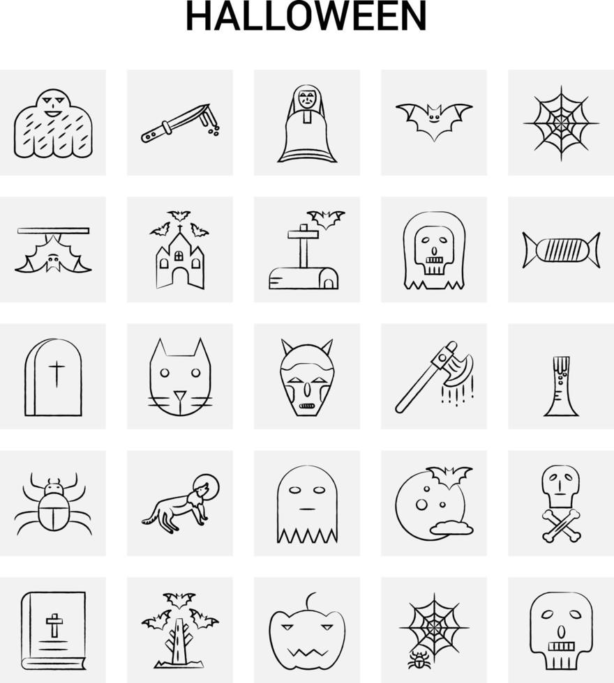 25 hand- getrokken halloween icoon reeks grijs achtergrond vector tekening
