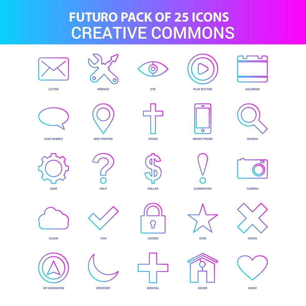 25 blauw en roze futuro creatief commons icoon pak vector