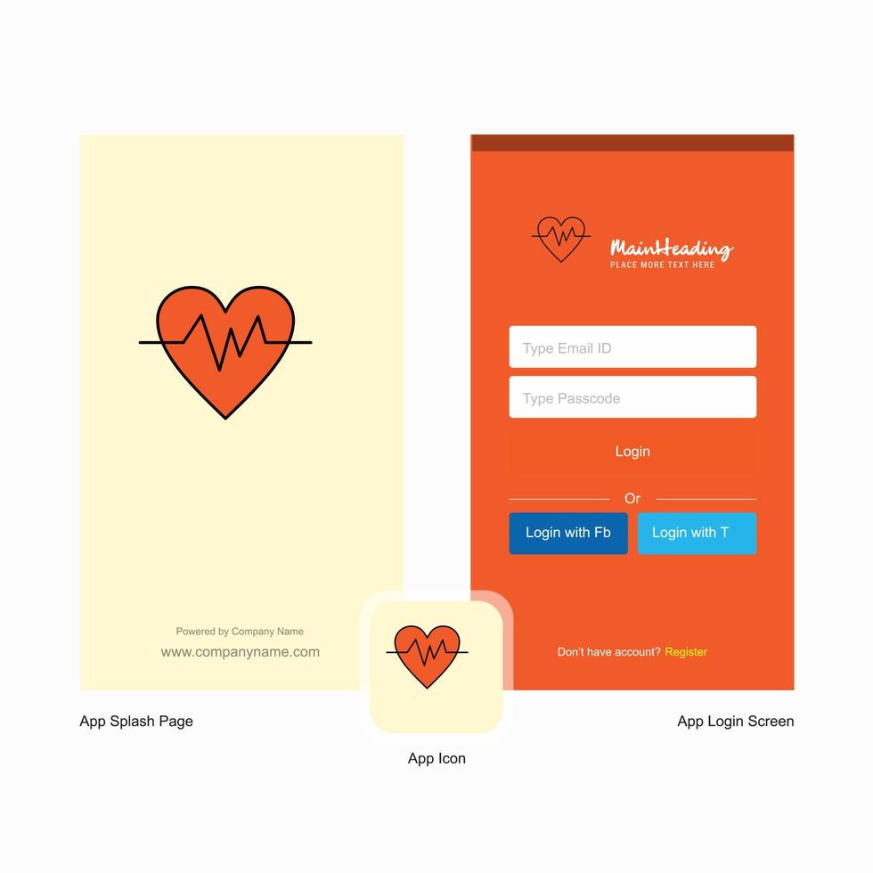 bedrijf hart ritme plons scherm en Log in bladzijde ontwerp met logo sjabloon mobiel online bedrijf sjabloon vector
