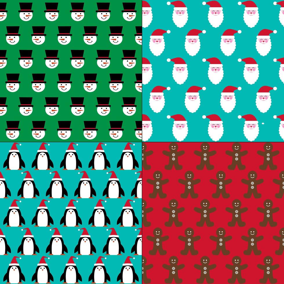 kerstman, sneeuwman, pinguïn en peperkoek kerstpatronen vector