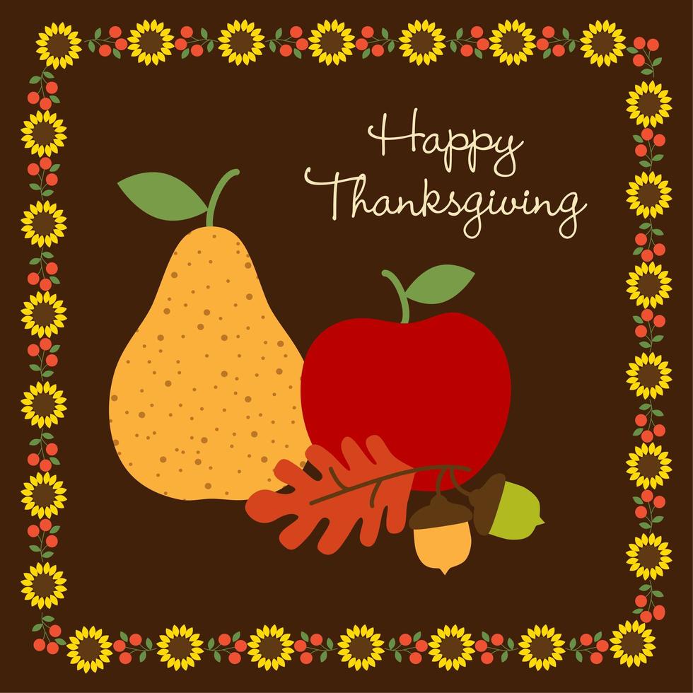 gelukkig thanksgiving fruit grafisch met zonnebloemgrens vector