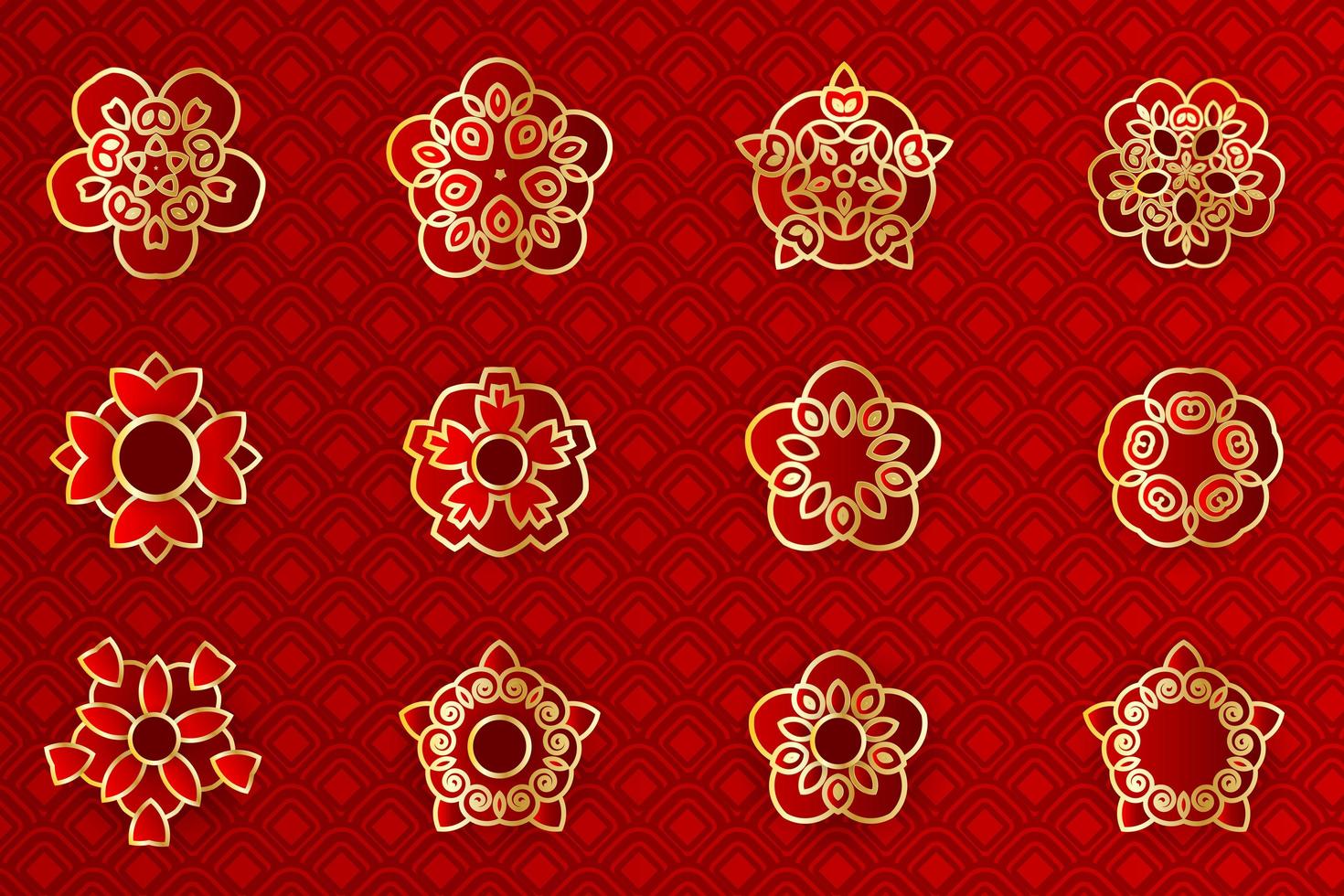 Aziatische rode en gouden geometrische bloem embleem set vector