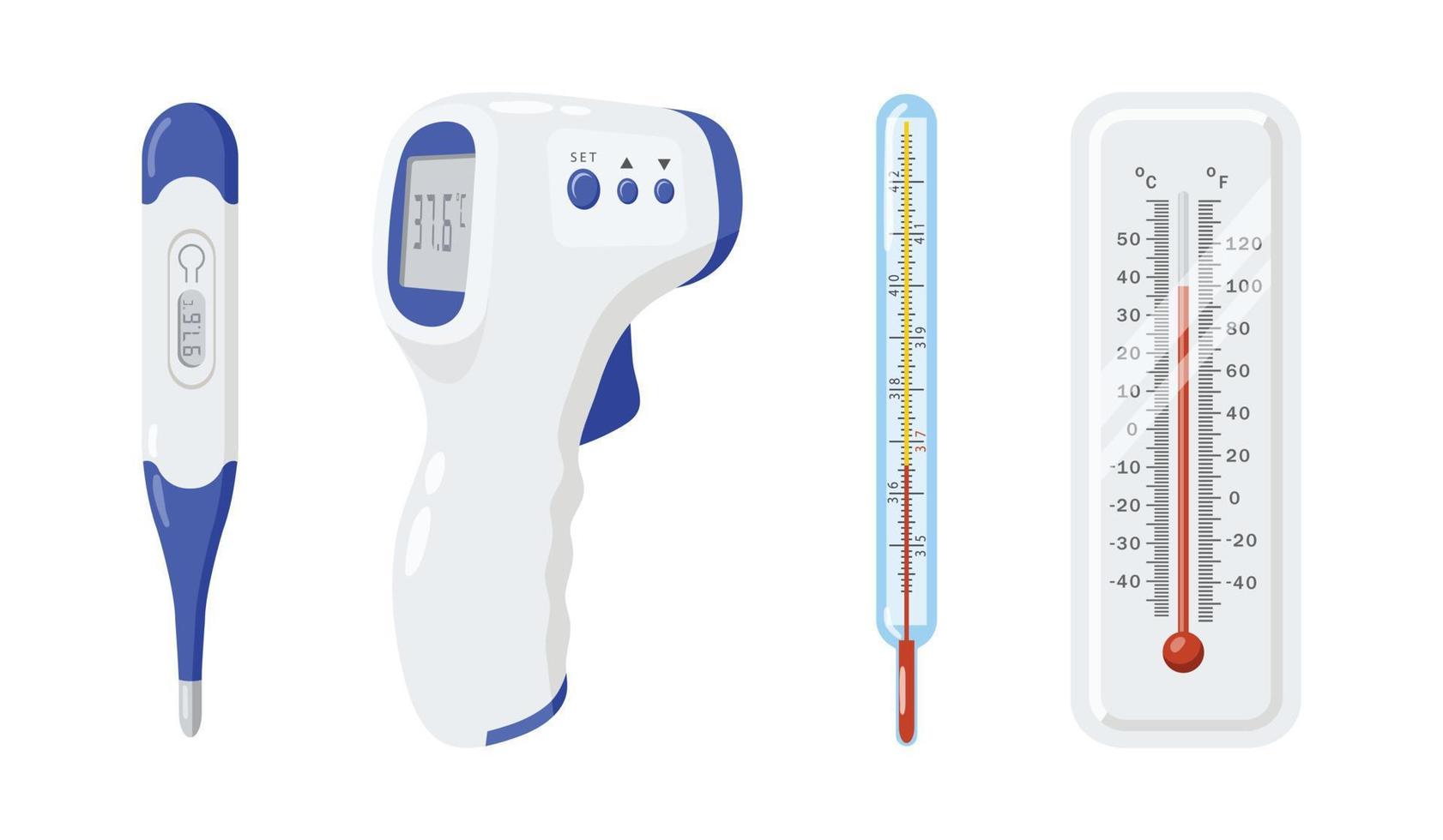 divers types van thermometer gereedschap voor meten lichaam temperatuur vector