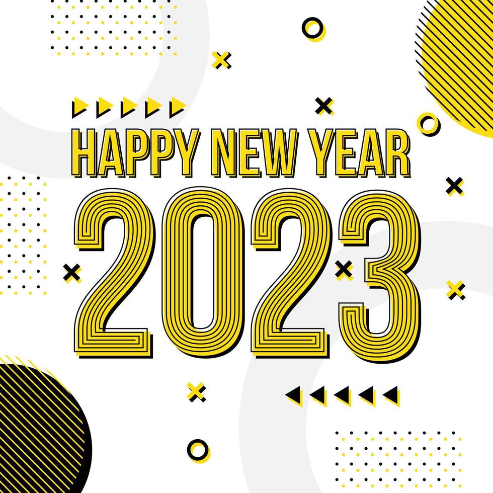 gelukkig nieuw jaar 2023 groet kaart sjabloon, modieus typografie met meetkundig hipster patroon in Memphis stijl, 2023 logo achtergrond, van toepassing voor banier, kalender, uitnodiging, folder, sociaal media vector