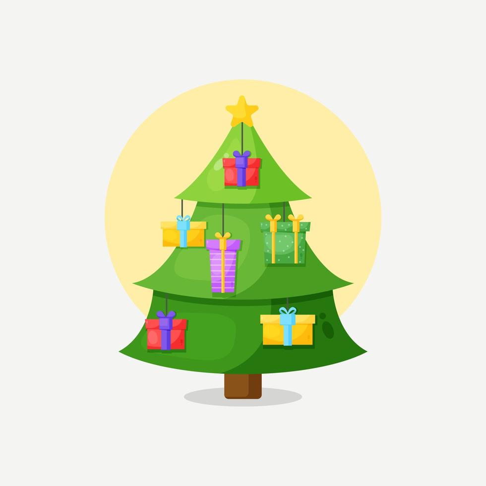 pijnboom boom met hanger Kerstmis geschenk doos tekenfilm illustratie vector