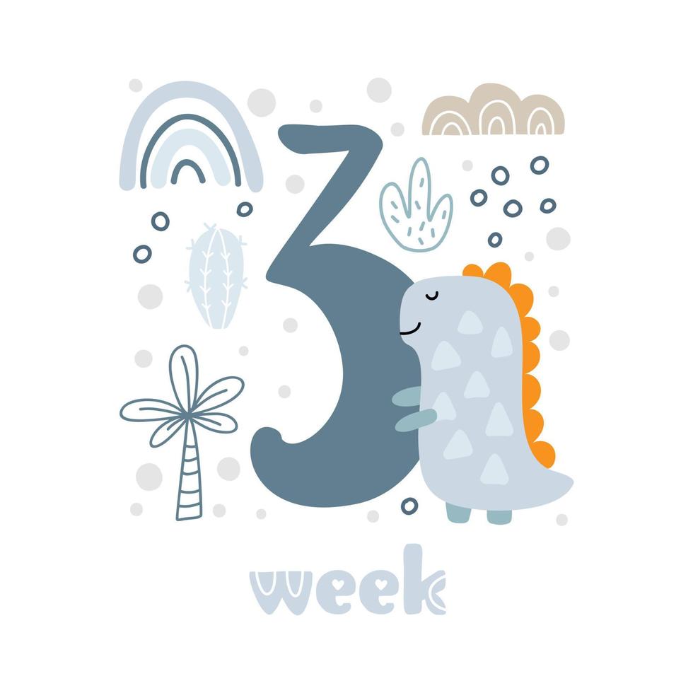 3 drie week baby jongen verjaardag kaart pasgeboren statistieken. baby douche afdrukken met schattig dier dino, bloemen en palm vastleggen allemaal speciaal momenten. baby mijlpaal kaart voor pasgeboren vector