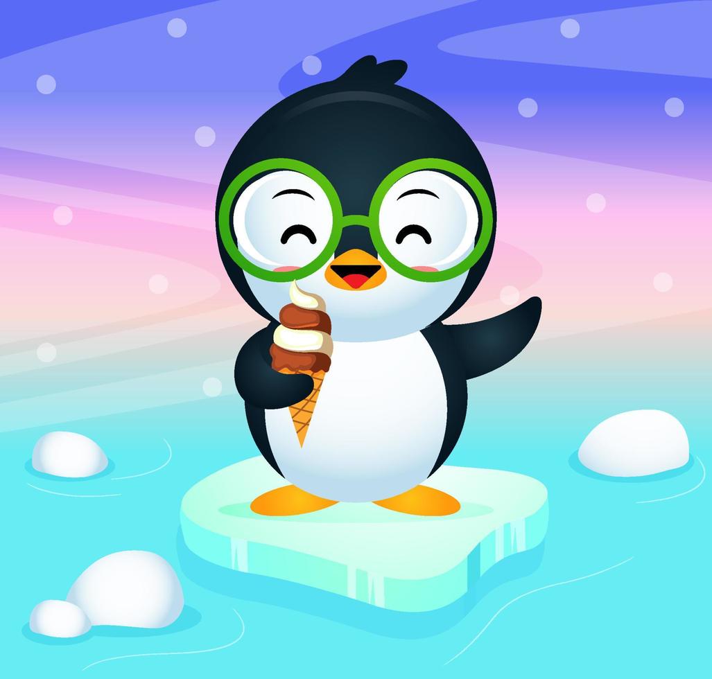 gelukkig schattig pinguïn eten ijs room vector