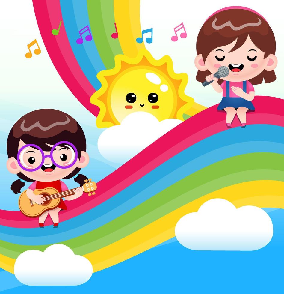 schattig meisjes spelen gitaar en het zingen duet Aan de regenboog vector