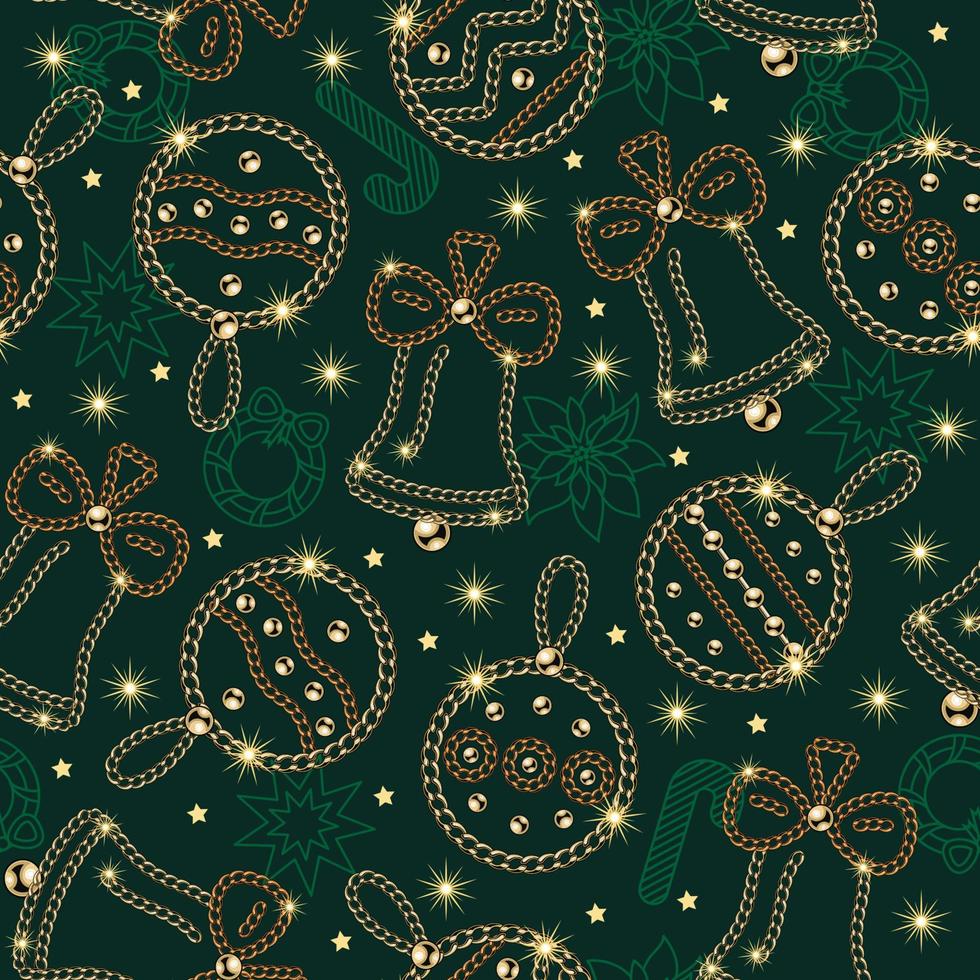 naadloos patroon met Kerstmis ballen, bellen, kerstster, net Afdeling van sieraden goud kettingen, glimmend bal kralen. Kerstmis contour icoon, klein sterren, sparkles Aan groen achtergrond vector