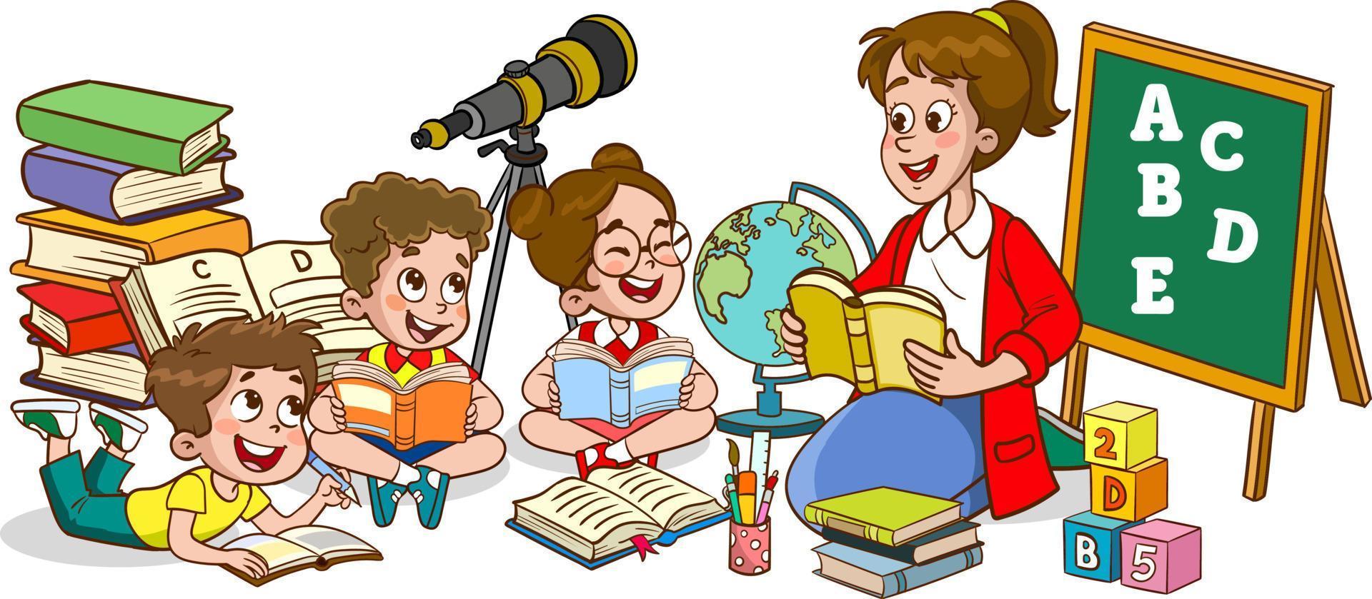 gelukkig kinderen lezen boek en studie samen met leraar vector