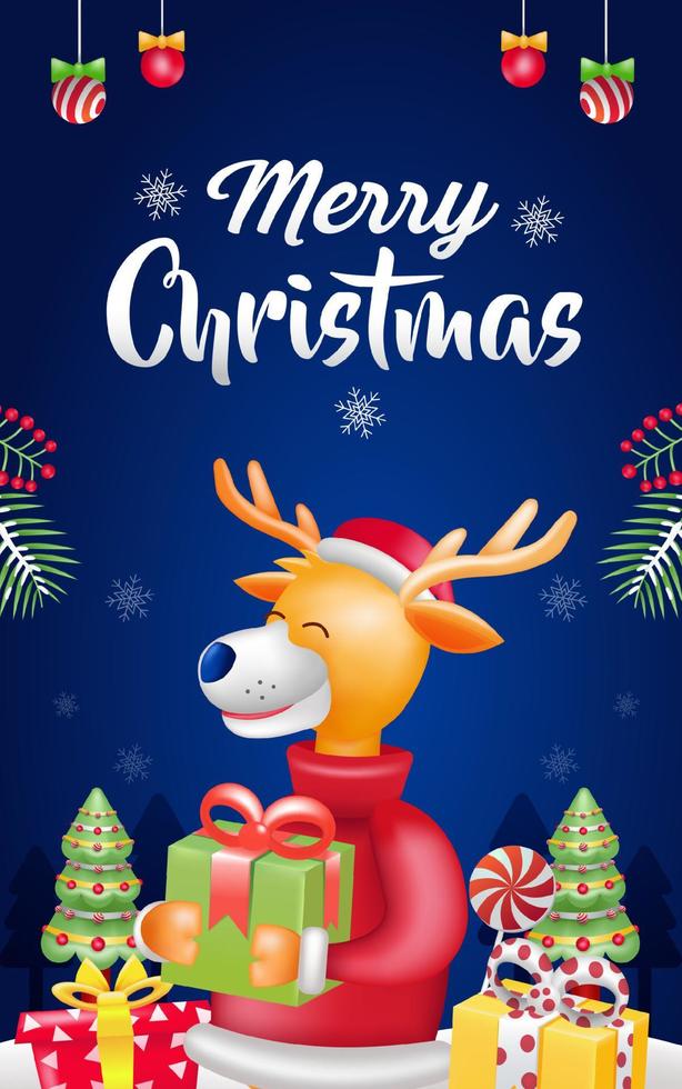 vrolijk kerstmis, 3d illustratie van een hert Holding een geschenk met Kerstmis decoratie vector