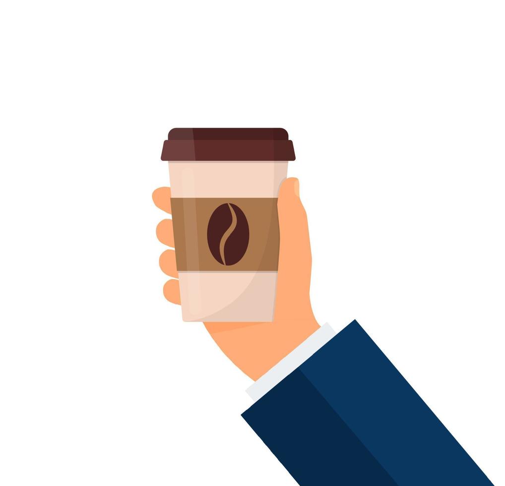 hand- van zakenman Holding heet koffie kop, zaken koffie winkel, plat ontwerp vector