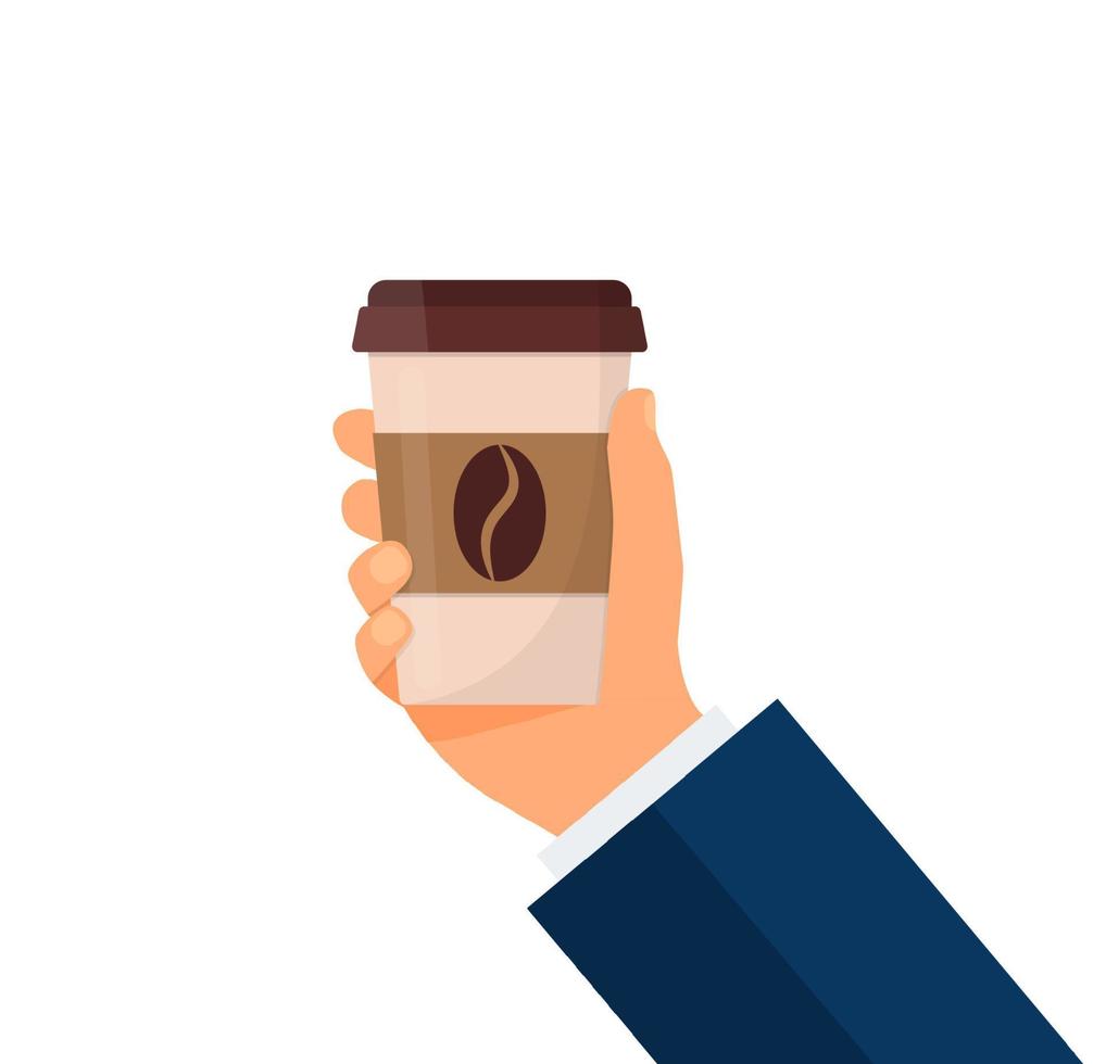 hand- van zakenman Holding heet koffie kop, zaken koffie winkel, plat ontwerp vector