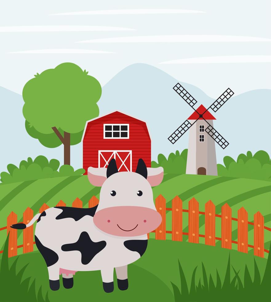 boerderij koe Aan landbouwgrond. landelijk landschap. vlak vector illustratie van land kant boerderij