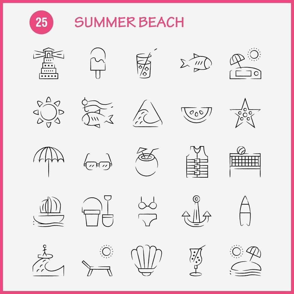 strand hand- getrokken icoon pak voor ontwerpers en ontwikkelaars pictogrammen van vis zee ster zeester kokosnoot fruit tropisch strand vector