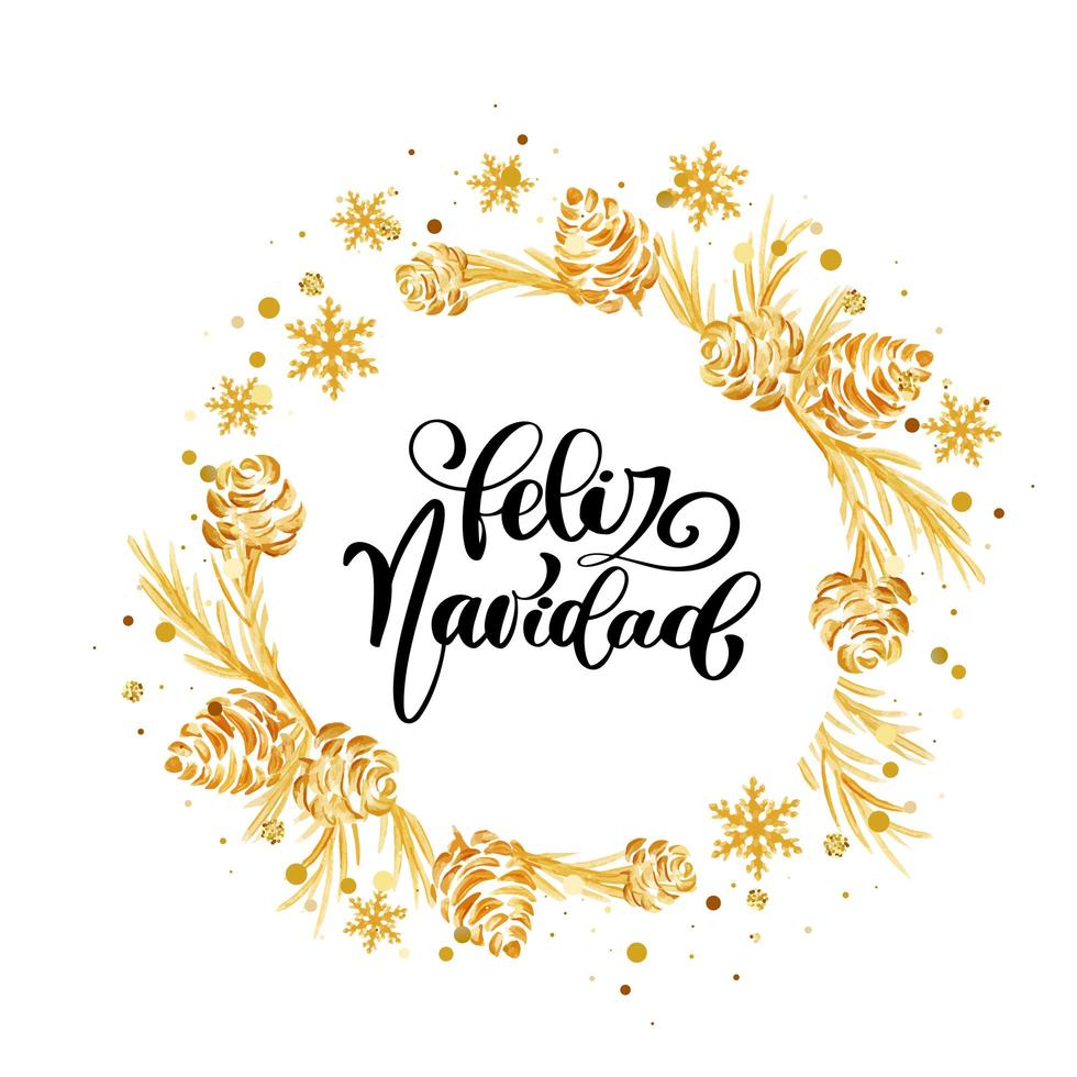 gouden kerstkrans met feliz navidad-kalligrafie vector