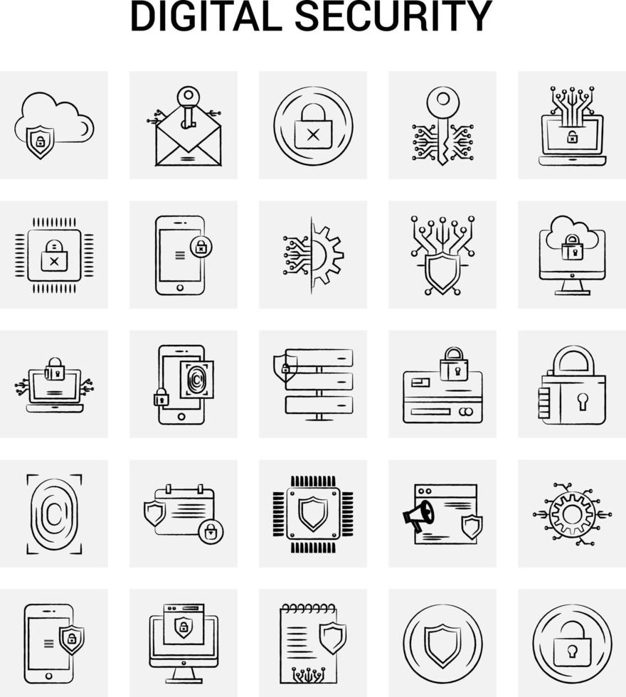 25 hand- getrokken digitaal veiligheid icoon reeks grijs achtergrond vector tekening